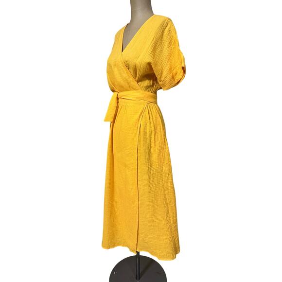 Marine Layer Midi Wrap Dress Valencia Cotton Short Sleeve Golden Yellow size XS - Picture 5 of 8